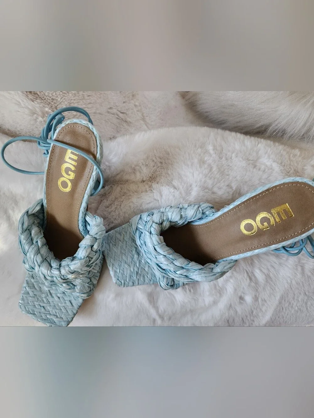 EGO Baby Blue Woven Lace-Up Square Toe Heels | Size US 8